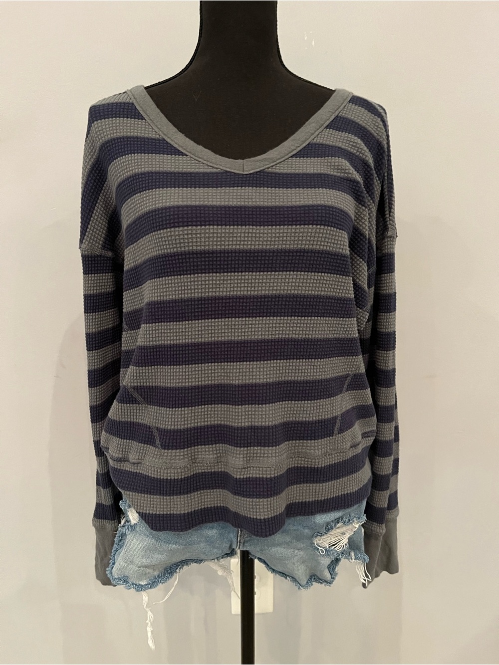 aerie Striped V-Neck Waffle Sweater in Navy and Green